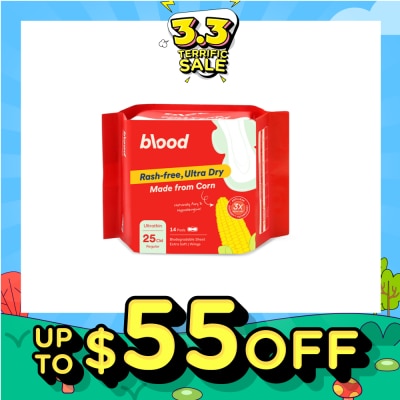 BLOOD Hypoallergenic & Antibacterial Ultrathin Sanitary Pad Wings Regular 25cm (Made from Corn + Skin Friendly) 14s