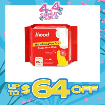 BLOOD - Hypoallergenic & Antibacterial Ultrathin Sanitary Pad Wings Regular 25cm (Made from Corn + Skin Friendly) 14s