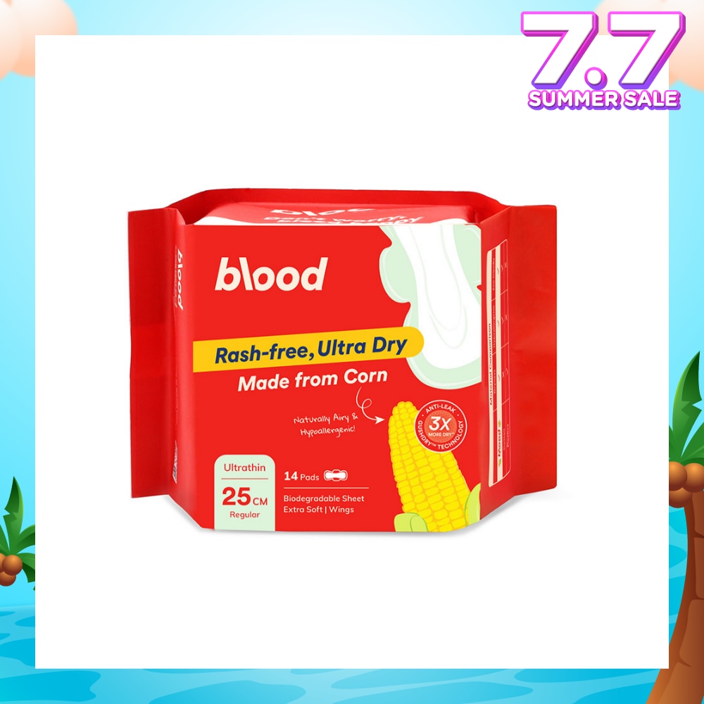 Hypoallergenic & Antibacterial Ultrathin Sanitary Pad Wings Regular 25cm (Made from Corn + Skin Friendly) 14s