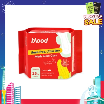BLOOD Hypoallergenic & Antibacterial Ultrathin Sanitary Pad Wings Regular 25cm (Made from Corn + Skin Friendly) 14s