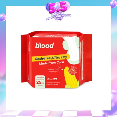BLOOD - Hypoallergenic & Antibacterial Ultrathin Sanitary Pad Wings Regular 25cm (Made from Corn + Skin Friendly) 14s