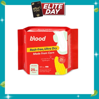 BLOOD Hypoallergenic & Antibacterial Ultrathin Sanitary Pad Wings Regular 25cm (Made from Corn + Skin Friendly) 14s image