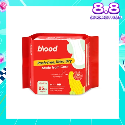 BLOOD Hypoallergenic & Antibacterial Ultrathin Sanitary Pad Wings Regular 25cm (Made from Corn + Skin Friendly) 14s
