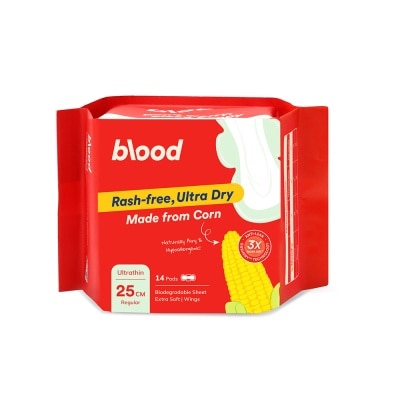 BLOOD Hypoallergenic & Antibacterial Ultrathin Sanitary Pad Wings Regular 25cm (Made from Corn + Skin Friendly) 14s