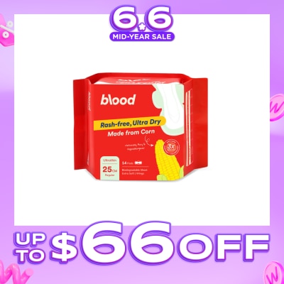BLOOD - Hypoallergenic & Antibacterial Ultrathin Sanitary Pad Wings Regular 25cm (Made from Corn + Skin Friendly) 14s