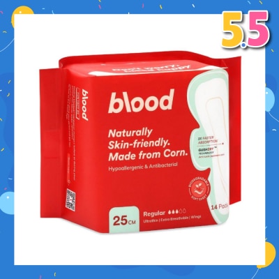 BLOOD Hypoallergenic & Antibacterial Ultrathin Sanitary Pad Wings Regular 25cm (Made from Corn + Skin Friendly) 14s