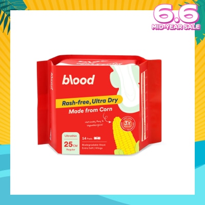 BLOOD Hypoallergenic & Antibacterial Ultrathin Sanitary Pad Wings Regular 25cm (Made from Corn + Skin Friendly) 14s