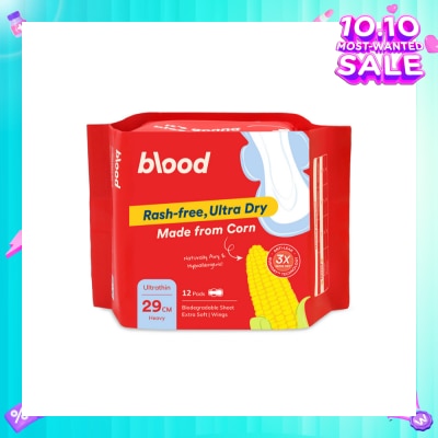 BLOOD Hypoallergenic & Antibacterial Ultrathin Sanitary Pad Wings Heavy 29cm (Made from Corn + Skin Friendly) 12s