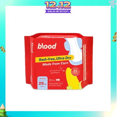 BLOOD Hypoallergenic & Antibacterial Ultrathin Sanitary Pad Wings Heavy 29cm (Made from Corn + Skin Friendly) 12s