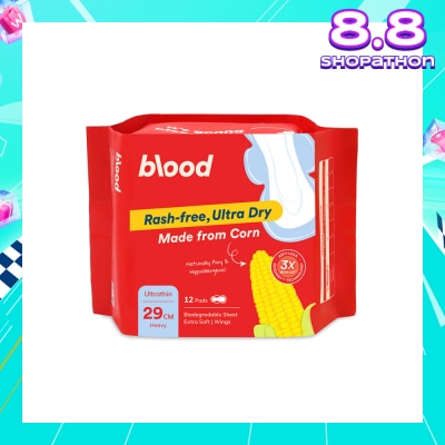 BLOOD Hypoallergenic & Antibacterial Ultrathin Sanitary Pad Wings Heavy 29cm (Made from Corn + Skin Friendly) 12s