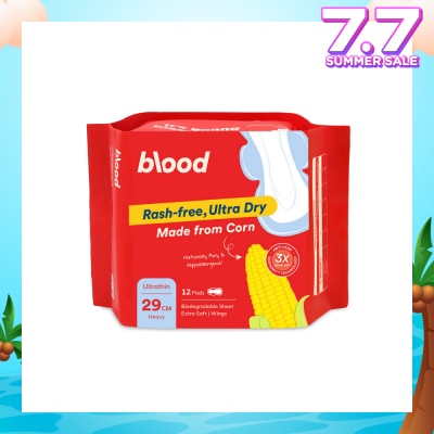 BLOOD Hypoallergenic & Antibacterial Ultrathin Sanitary Pad Wings Heavy 29cm (Made from Corn + Skin Friendly) 12s
