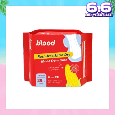 BLOOD Hypoallergenic & Antibacterial Ultrathin Sanitary Pad Wings Heavy 29cm (Made from Corn + Skin Friendly) 12s
