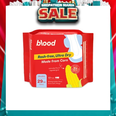 BLOOD - Hypoallergenic & Antibacterial Ultrathin Sanitary Pad Wings Heavy 29cm (Made from Corn + Skin Friendly) 12s