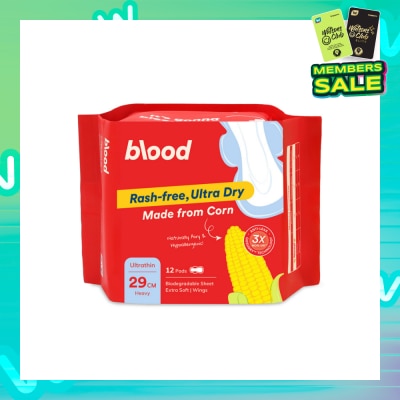 BLOOD Hypoallergenic & Antibacterial Ultrathin Sanitary Pad Wings Heavy 29cm (Made from Corn + Skin Friendly) 12s
