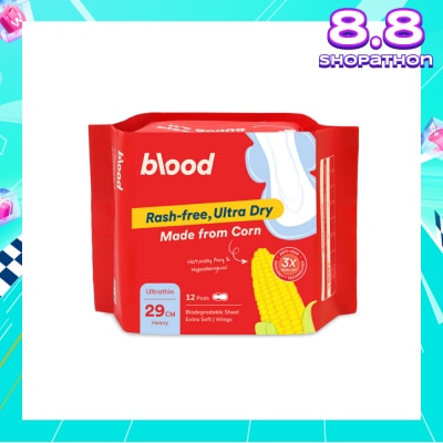 BLOOD Hypoallergenic & Antibacterial Ultrathin Sanitary Pad Wings Heavy 29cm (Made from Corn + Skin Friendly) 12s