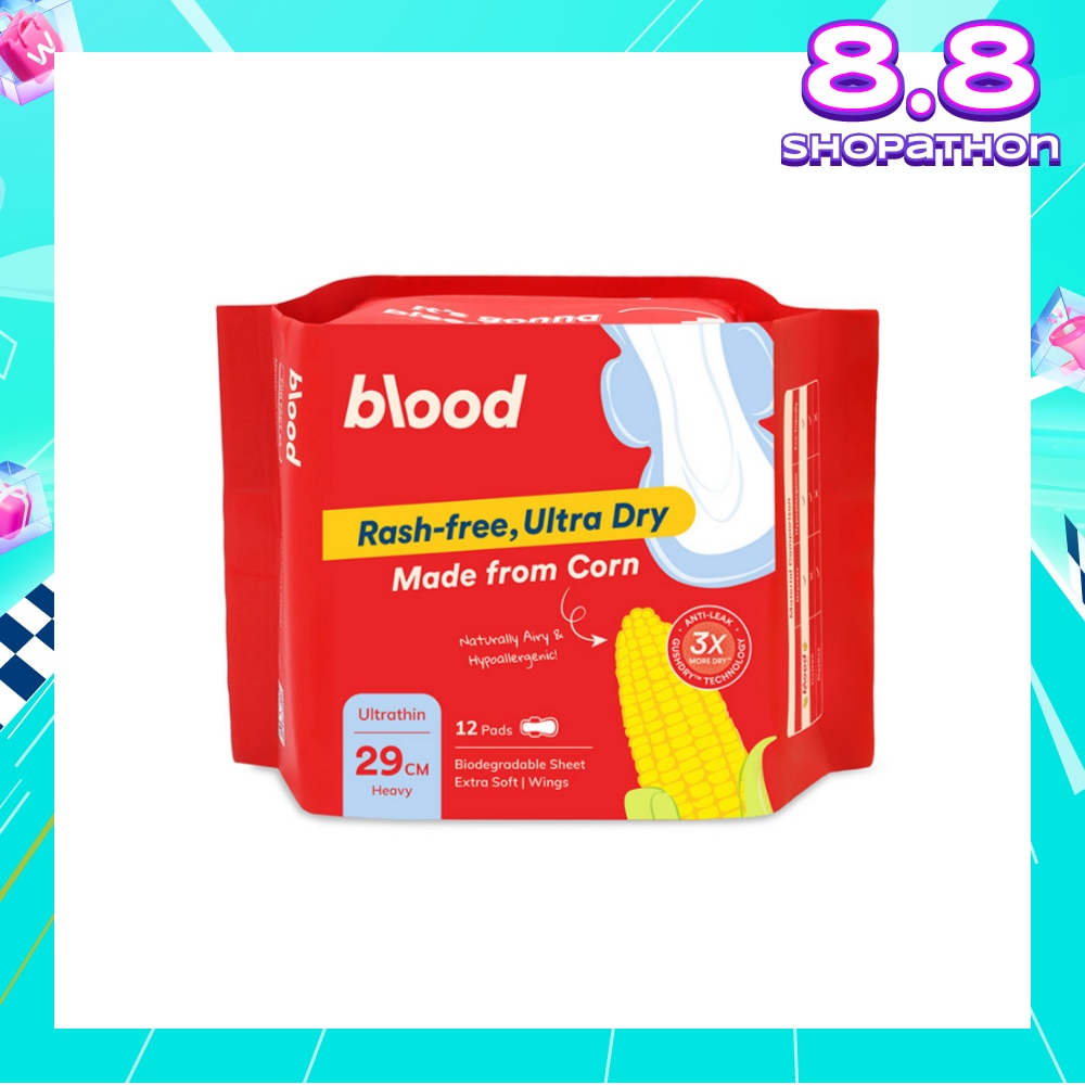 Hypoallergenic & Antibacterial Ultrathin Sanitary Pad Wings Heavy 29cm (Made from Corn + Skin Friendly) 12s