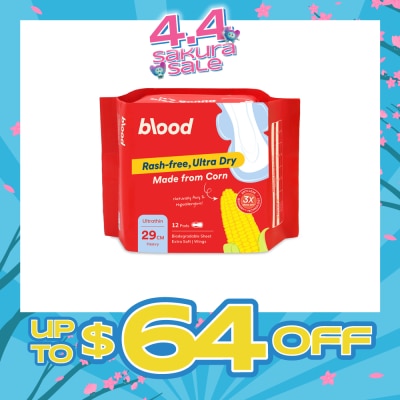 BLOOD - Hypoallergenic & Antibacterial Ultrathin Sanitary Pad Wings Heavy 29cm (Made from Corn + Skin Friendly) 12s