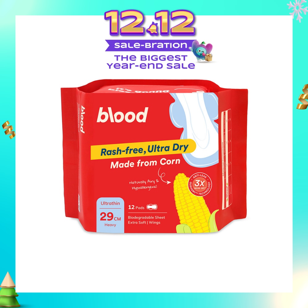 Hypoallergenic & Antibacterial Ultrathin Sanitary Pad Wings Heavy 29cm (Made from Corn + Skin Friendly) 12s
