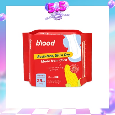 BLOOD - Hypoallergenic & Antibacterial Ultrathin Sanitary Pad Wings Heavy 29cm (Made from Corn + Skin Friendly) 12s
