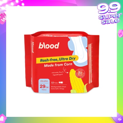 BLOOD Hypoallergenic & Antibacterial Ultrathin Sanitary Pad Wings Heavy 29cm (Made from Corn + Skin Friendly) 12s