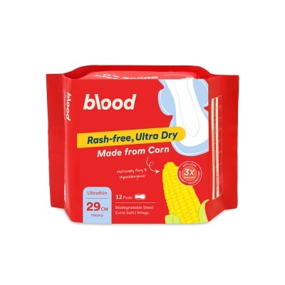BLOOD Hypoallergenic & Antibacterial Ultrathin Sanitary Pad Wings Heavy 29cm (Made from Corn + Skin Friendly) 12s