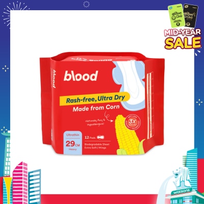 BLOOD Hypoallergenic & Antibacterial Ultrathin Sanitary Pad Wings Heavy 29cm (Made from Corn + Skin Friendly) 12s