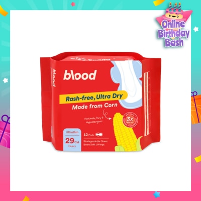 BLOOD Hypoallergenic & Antibacterial Ultrathin Sanitary Pad Wings Heavy 29cm (Made from Corn + Skin Friendly) 12s