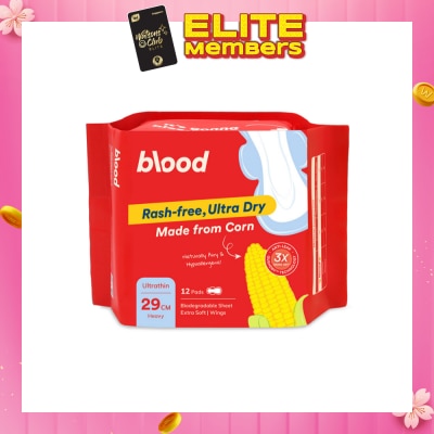 BLOOD Hypoallergenic & Antibacterial Ultrathin Sanitary Pad Wings Heavy 29cm (Made from Corn + Skin Friendly) 12s