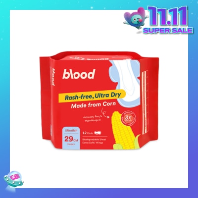 BLOOD Hypoallergenic & Antibacterial Ultrathin Sanitary Pad Wings Heavy 29cm (Made from Corn + Skin Friendly) 12s
