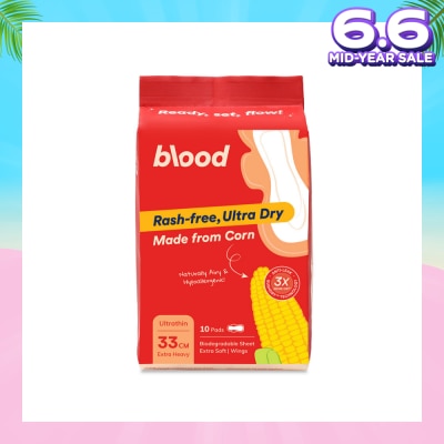 BLOOD Hypoallergenic & Antibacterial Ultrathin Sanitary Pad Wings Extra Heavy 33cm (Made from Corn + Skin Friendly) 10s