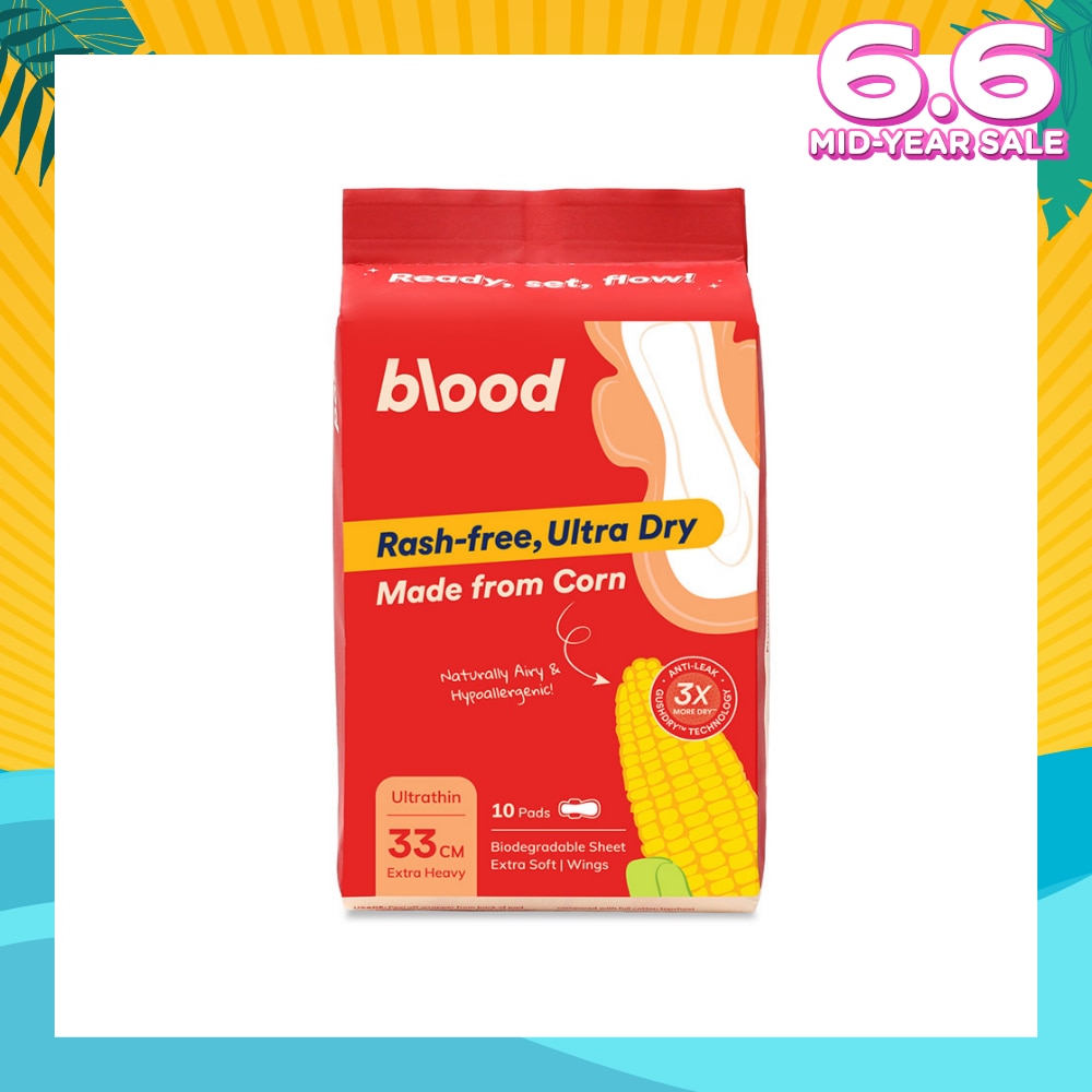 Hypoallergenic & Antibacterial Ultrathin Sanitary Pad Wings Extra Heavy 33cm (Made from Corn + Skin Friendly) 10s