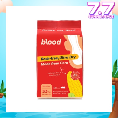 BLOOD Hypoallergenic & Antibacterial Ultrathin Sanitary Pad Wings Extra Heavy 33cm (Made from Corn + Skin Friendly) 10s