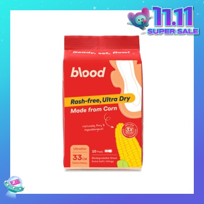 BLOOD Hypoallergenic & Antibacterial Ultrathin Sanitary Pad Wings Extra Heavy 33cm (Made from Corn + Skin Friendly) 10s