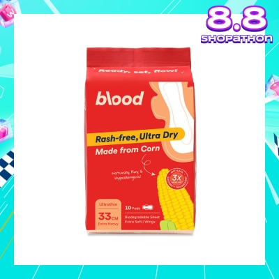 BLOOD Hypoallergenic & Antibacterial Ultrathin Sanitary Pad Wings Extra Heavy 33cm (Made from Corn + Skin Friendly) 10s