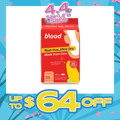 BLOOD - Hypoallergenic & Antibacterial Ultrathin Sanitary Pad Wings Extra Heavy 33cm (Made from Corn + Skin Friendly) 10s
