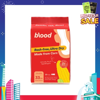 BLOOD Hypoallergenic & Antibacterial Ultrathin Sanitary Pad Wings Extra Heavy 33cm (Made from Corn + Skin Friendly) 10s