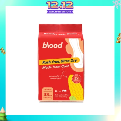 BLOOD Hypoallergenic & Antibacterial Ultrathin Sanitary Pad Wings Extra Heavy 33cm (Made from Corn + Skin Friendly) 10s
