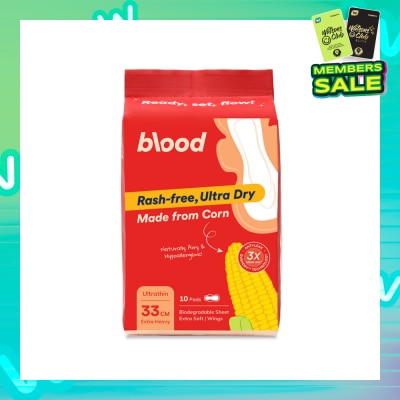 BLOOD Hypoallergenic & Antibacterial Ultrathin Sanitary Pad Wings Extra Heavy 33cm (Made from Corn + Skin Friendly) 10s