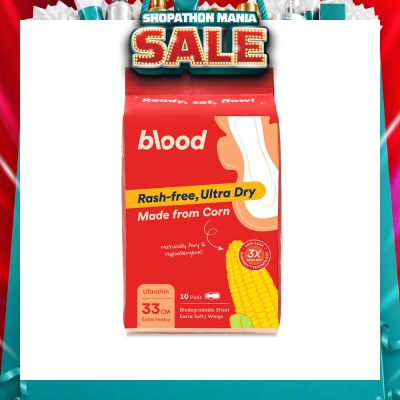 BLOOD - Hypoallergenic & Antibacterial Ultrathin Sanitary Pad Wings Extra Heavy 33cm (Made from Corn + Skin Friendly) 10s