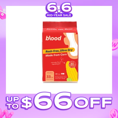 BLOOD - Hypoallergenic & Antibacterial Ultrathin Sanitary Pad Wings Extra Heavy 33cm (Made from Corn + Skin Friendly) 10s