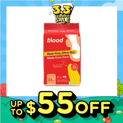 BLOOD Hypoallergenic & Antibacterial Ultrathin Sanitary Pad Wings Extra Heavy 33cm (Made from Corn + Skin Friendly) 10s