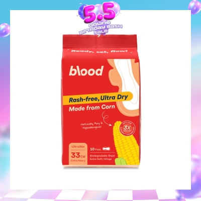 BLOOD - Hypoallergenic & Antibacterial Ultrathin Sanitary Pad Wings Extra Heavy 33cm (Made from Corn + Skin Friendly) 10s