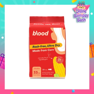 BLOOD Hypoallergenic & Antibacterial Ultrathin Sanitary Pad Wings Extra Heavy 33cm (Made from Corn + Skin Friendly) 10s