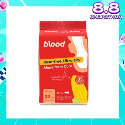BLOOD Hypoallergenic & Antibacterial Ultrathin Sanitary Pad Wings Extra Heavy 33cm (Made from Corn + Skin Friendly) 10s