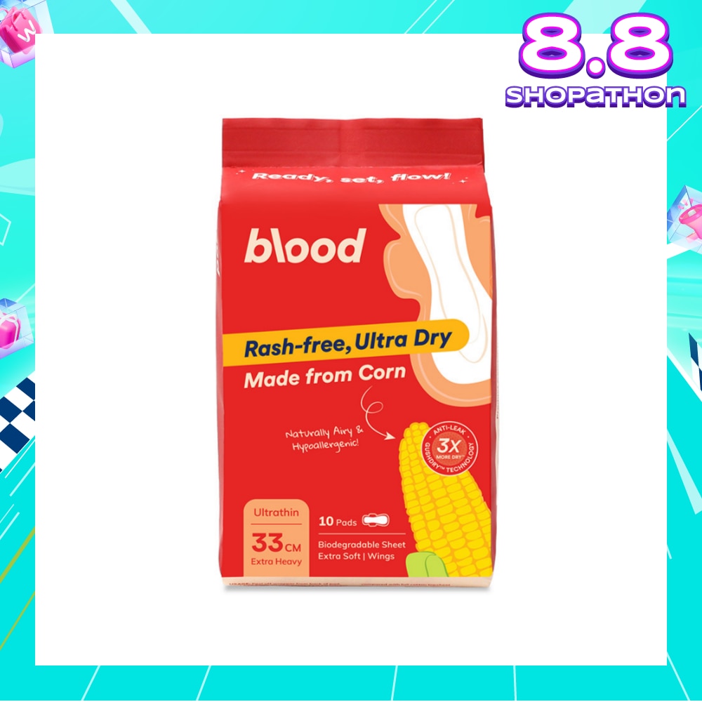 Hypoallergenic & Antibacterial Ultrathin Sanitary Pad Wings Extra Heavy 33cm (Made from Corn + Skin Friendly) 10s