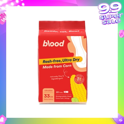 BLOOD Hypoallergenic & Antibacterial Ultrathin Sanitary Pad Wings Extra Heavy 33cm (Made from Corn + Skin Friendly) 10s