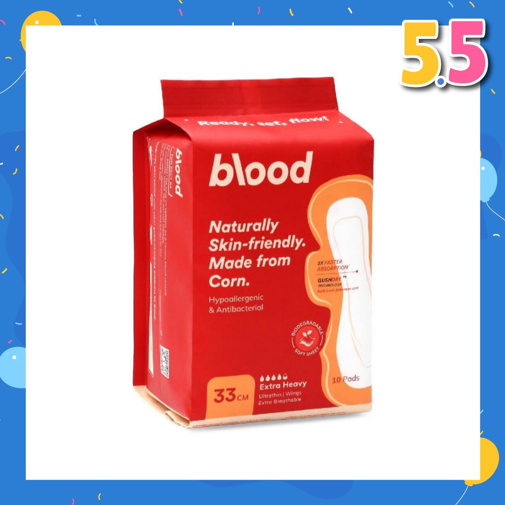 Hypoallergenic & Antibacterial Ultrathin Sanitary Pad Wings Extra Heavy 33cm (Made from Corn + Skin Friendly) 10s
