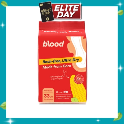 BLOOD Hypoallergenic & Antibacterial Ultrathin Sanitary Pad Wings Extra Heavy 33cm (Made from Corn + Skin Friendly) 10s image