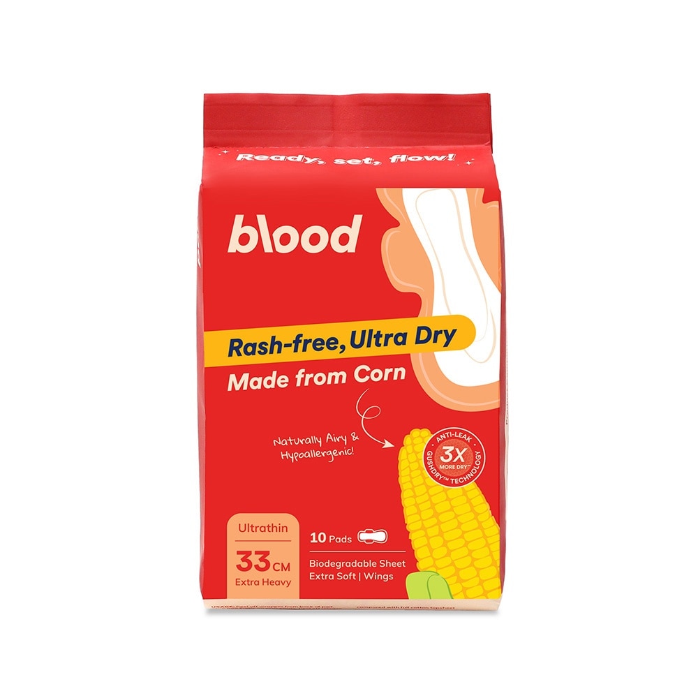 Hypoallergenic & Antibacterial Ultrathin Sanitary Pad Wings Extra Heavy 33cm (Made from Corn + Skin Friendly) 10s
