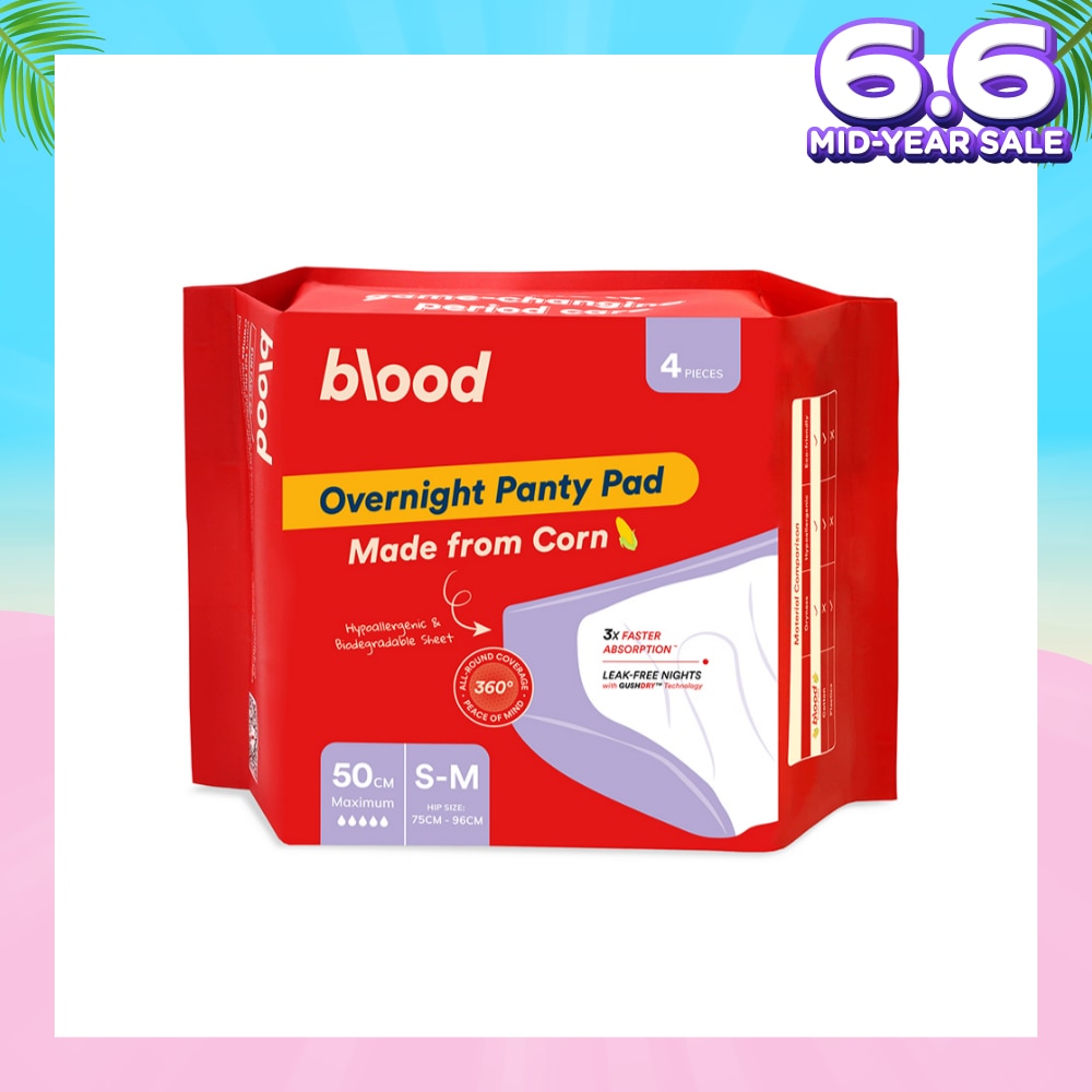 Overnight Sanitary Panty Pad Size S/M 50cm (Hip Size 75cm-96cm + Made from Corn + 360° Leak-Free Protection) 4s